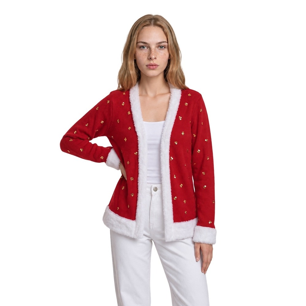 Tipsy Elves Cardigan Santa Sweater Womens Size Small Red Sequin Faux Fur Holiday